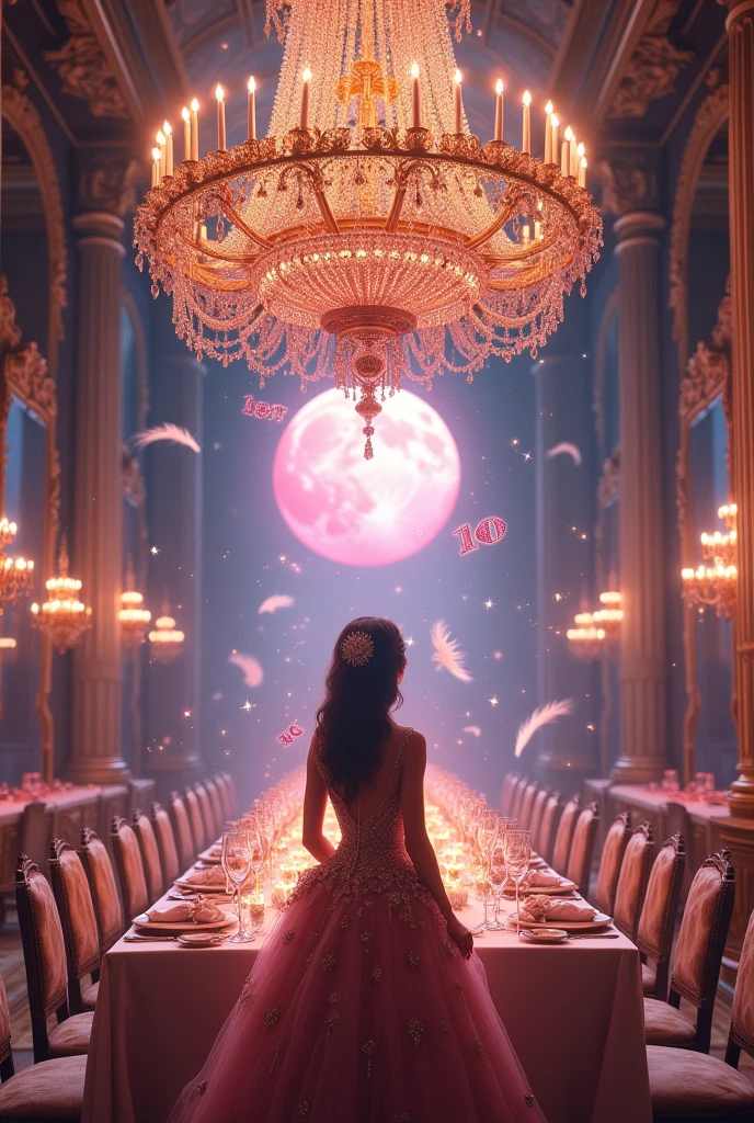 A tremendous god々Shi　Big beautiful chandelier　Number 10 in a heart at the bottom(((((((Central 10))))))　((((((((Number 10)))))))) Celebration Time　The flow of time lives with music in memories　Soft Light　Dinner at the Palace of Versailles　Hall of Mirrors　A beautiful pink moonlit night dinner party with no one around　The magic of the full moon shining in the dark night　A starry sky　Another dimension, a mysterious pink color　(((((((No people in sight))))))  The sparkling little feathers and stardust are beautiful.　The beautiful woman everyone admires wears a gorgeous dress studded with jewels.　Beautiful 8K images　Highest quality images　Dinner for one　On a long dinner table　The world is full of love　Rainbow-colored feathers fall softly like a sunrise　Rainbow and Chandelier