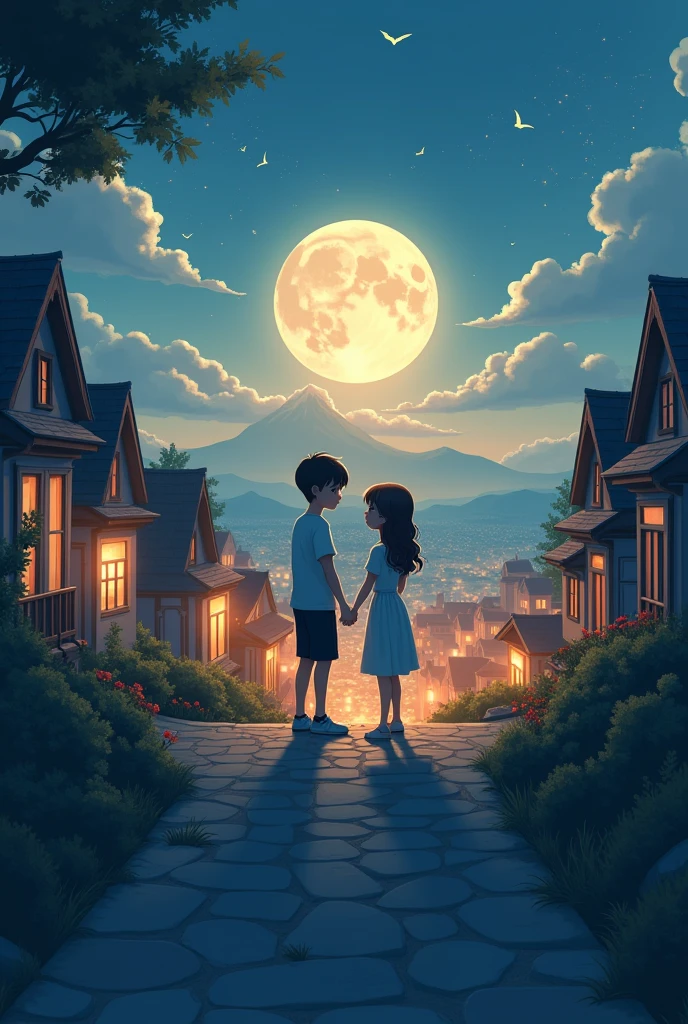 A boy and a girl holding hands on an uphill street staring at each other at the top of the hill in the city without mountains and the moon shining in the sky and from the uphill street below you can see the town covered by houses  