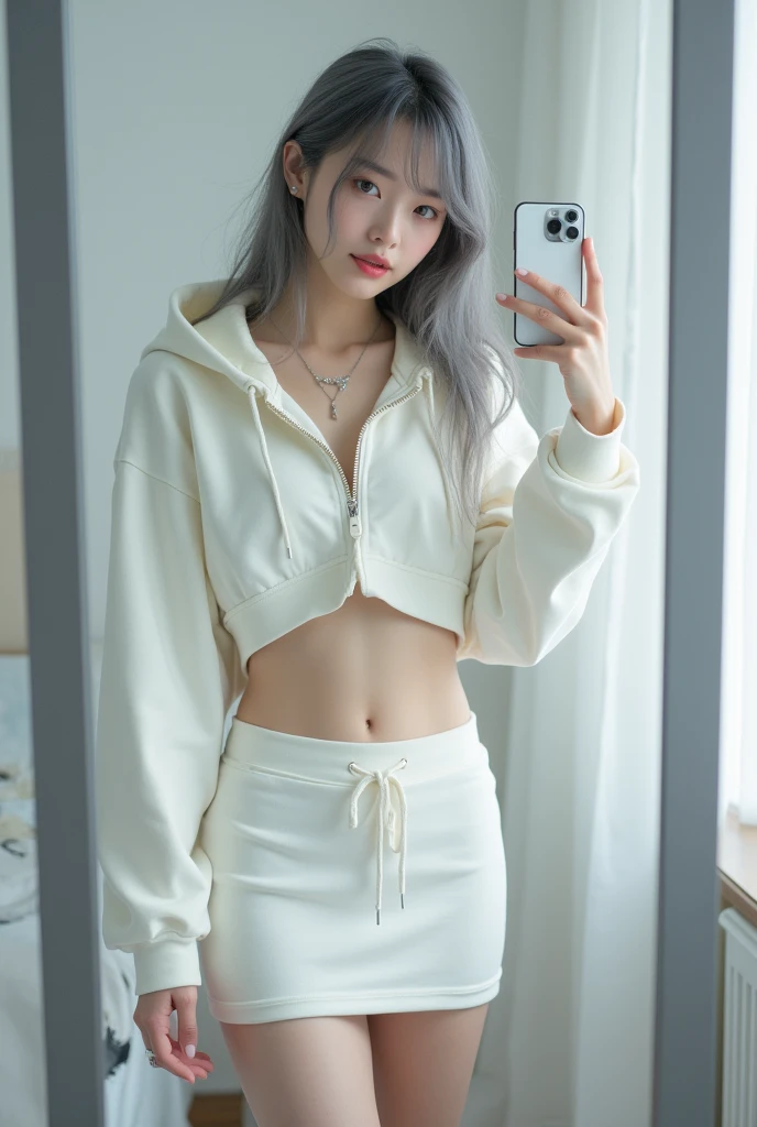 (nsfw:1.4), highly detailed, beautiful, hyper Realistic girl, masterpiece, best quality, Depict a mysterious and sophisticated beautiful Japanese gravure model,, 28-years-old, identity hidden, all body shot, / gray arranged hair, small head, Detailed face, cute and Pretty slim face, wide Duck mouth, half opened rips, perfect beautiful wide Tooth, arranged gray hair, shiny eyes, blue-colored eyes, Realistic skin, Detailed face, / large breasts, slim waist, large Buttocks, Bold exposure, /// Top: A white cropped hoodie made from soft, high-quality sweat material, cinched at the waist to reveal the navel. The hoodie is unembellished, with a high collar and zippered front, offering a clean and modern aesthetic.
Bottom: A knee-length, fitted skirt in matching white sweat material, designed for a sleek and simple silhouette.
Footwear: Sleek white ankle boots with subtle synthetic overlays and neon accents, blending comfort with a touch of futurism.
Accessories: A thin, simple silver necklace at the neck, complemented by delicate silver bracelets on the wrists and small silver stud earrings, all understated and refined to maintain the minimalist vibe. //// simple white single room, gray frame mirror, complicated background /// takes a selfie in her room using a smartphone in front of a mirror with one hand, standing and sexy Posing, all body shot, focus shoes, looking away from the camera,
