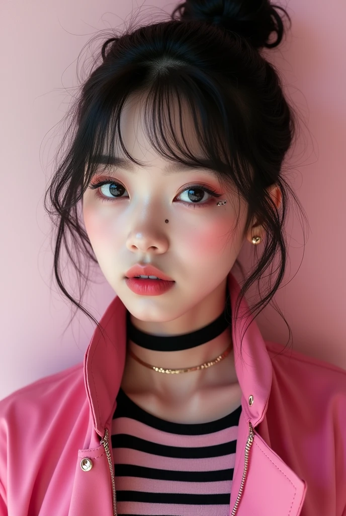 A beautiful tomboy girl in pink and black big doe korean eye wearing luxury without ear piercing and clear image eyebrow piercing look like real human 