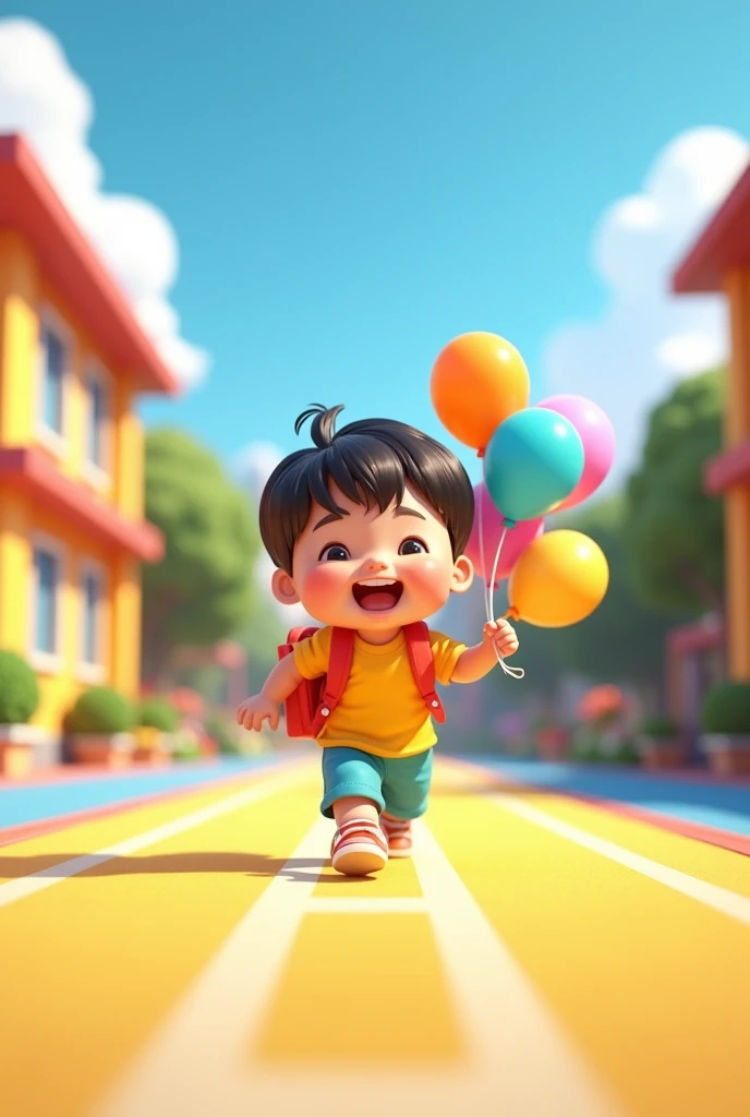 Cute little kid with a school bag running on the playground, kid holding balloons, school buildings left and right, yellow runway on the ground, beautiful clothes, colorful, blue sky and white clouds, surrounded by school buildings, school background , dreamy, excited, Bubble Mart super cute baby IP, high detail, high quality, bright colors, model blind box toys, Disney style, fine gloss, 3D rendering, oc rendering, best quality, 8K, soft colors, film texture, medium closeup