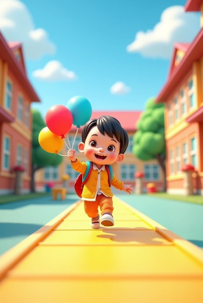 Cute little kid with a school bag running on the playground, kid holding balloons, school buildings left and right, yellow runway on the ground, beautiful clothes, colorful, blue sky and white clouds, surrounded by school buildings, school background , dreamy, excited, Bubble Mart super cute baby IP, high detail, high quality, bright colors, model blind box toys, Disney style, fine gloss, 3D rendering, oc rendering, best quality, 8K, soft colors, film texture, medium closeup