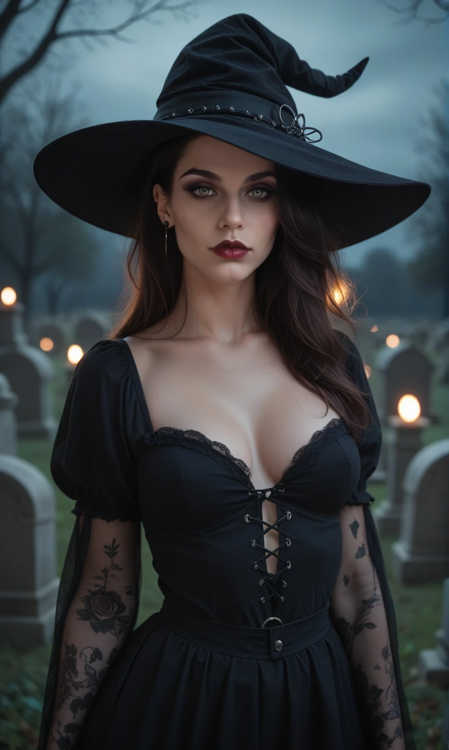 Front view, sexy witch, erotic photoshoot, posing in a cemetery, looking at viewer, gloomy light passing through hair, gloomy lighting, gothic style, witches' sabbath, ((dark night)), depth of field, bokeh