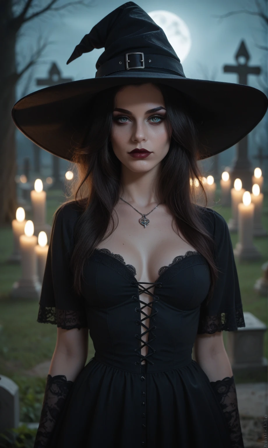 Front view, sexy witch, erotic photoshoot, posing in a cemetery, looking at viewer, gloomy light passing through hair, gloomy lighting, gothic style, witches' sabbath, ((dark night)), depth of field, bokeh