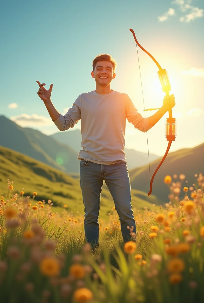 A young man with a radiant smile, with thumbs up and surrounded by a sunny and beautiful landscape, Sagittarius zodiac sign with bow and arrow element 
