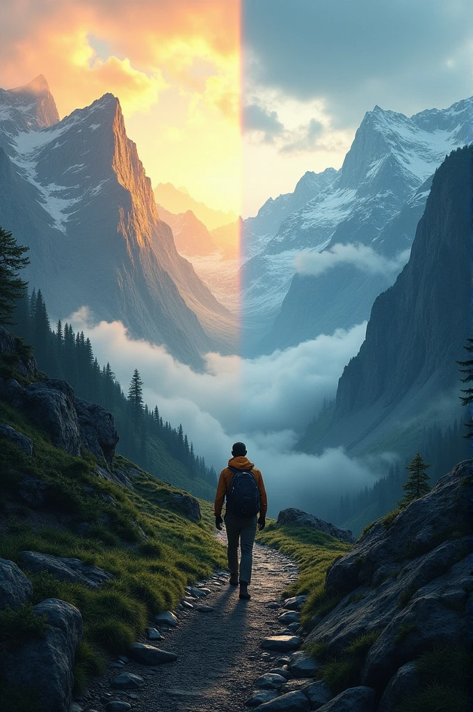 Give me a image whare a mountain hiker hiking one side in morning and another one is night