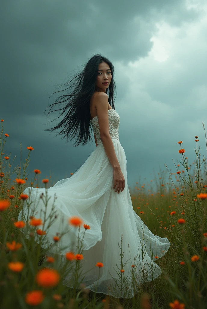 Wild meadow with wild flowers swaying in the middle of a wild storm with dark and gloomy sky, wet grass, and low and dense storm clouds, in the middle is a beautiful Indonesian woman with long and messy black hair wearing a very beautiful white wedding dress fluttering in the wind, close up, dynamic pose