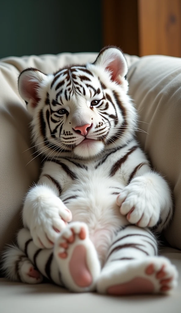 A cute white tiger cub,Real animals, With eyes closed, Cute and cuddly,Fluffy, Delicate and exquisite, Real little tiger,Leaning upright on the sofa,Furry and cute big belly,The pattern on the belly is the same as the body,My belly is very big.,The pattern on the belly is the same as the body,Strike a sexy pose,