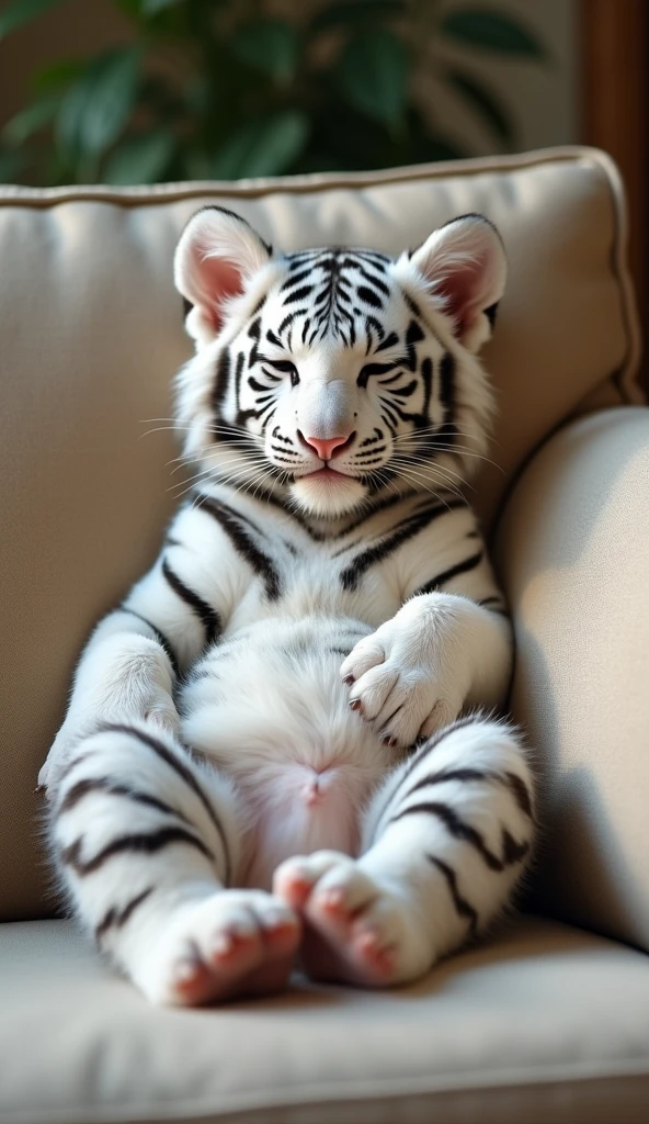 A cute white tiger cub,Real animals, With eyes closed, Cute and cuddly,Fluffy, Delicate and exquisite, Real little tiger,Leaning upright on the sofa,Furry and cute big belly,The pattern on the belly is the same as the body,My belly is very big.,The pattern on the belly is the same as the body,Strike a sexy pose,
