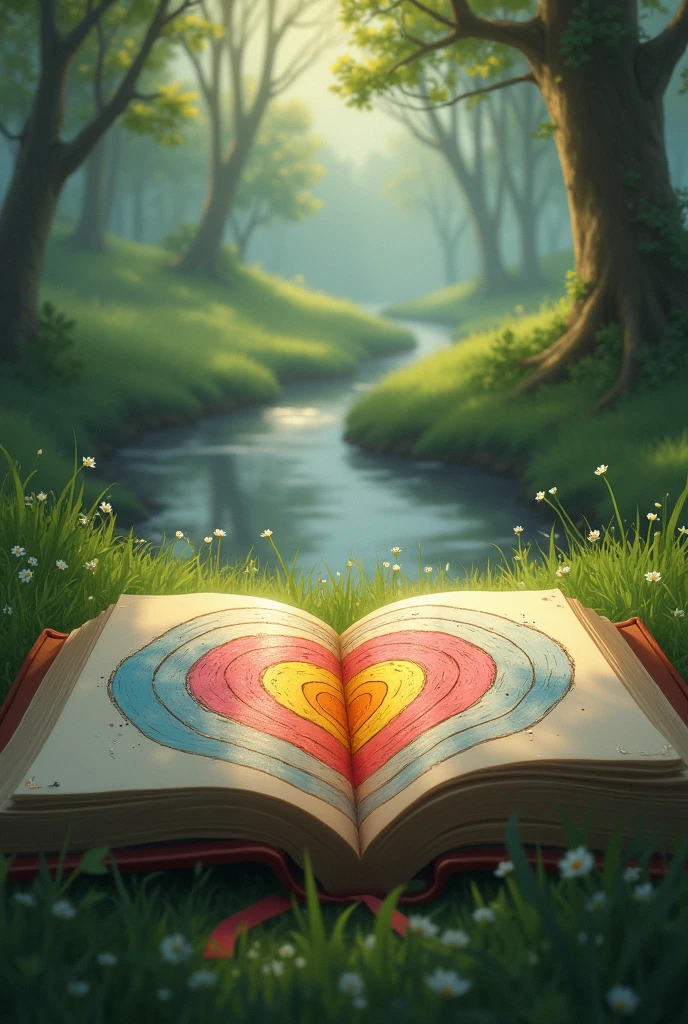 "An open book lies on a soft, green meadow. The pages reveal a hand-drawn archery target, its vibrant colors contrasting with the muted tones of the surrounding nature. A gentle breeze rustles through the nearby trees, carrying the soft sounds of a nearby stream."