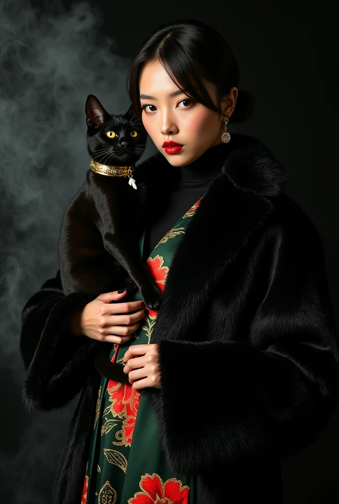 beautiful japanese woman wearing hijab and tanned skin, wearing designer black glitter fur coat, and loose satin turtle neck dress with signature floral pattern (Dark green, red, gold), thick eyebrows, photorealistic, masterpiece, moncle, open coat, pouting lips, pouting, blank black background with smoke and good lighting, holding black sphinx cat with gold collar