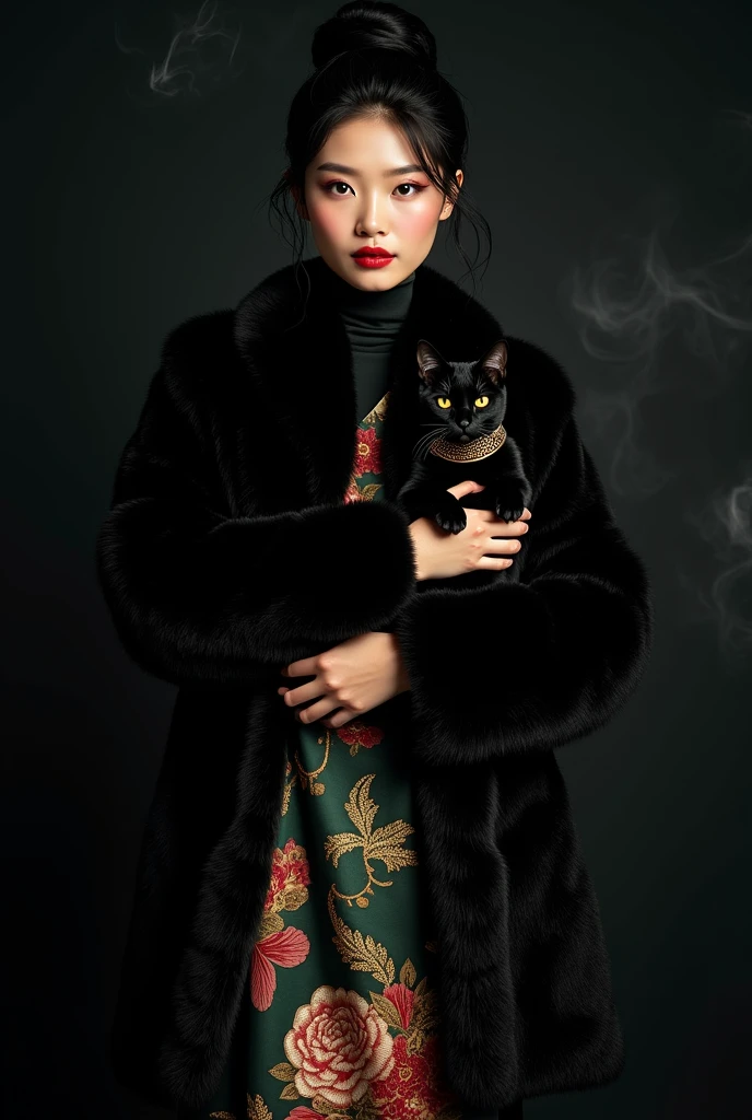 beautiful japanese woman wearing hijab and tanned skin, wearing designer black glitter fur coat, and loose satin turtle neck dress with signature floral pattern (Dark green, red, gold), thick eyebrows, photorealistic, masterpiece, moncle, open coat, pouting lips, pouting, blank black background with smoke and good lighting, holding black sphinx cat with gold collar