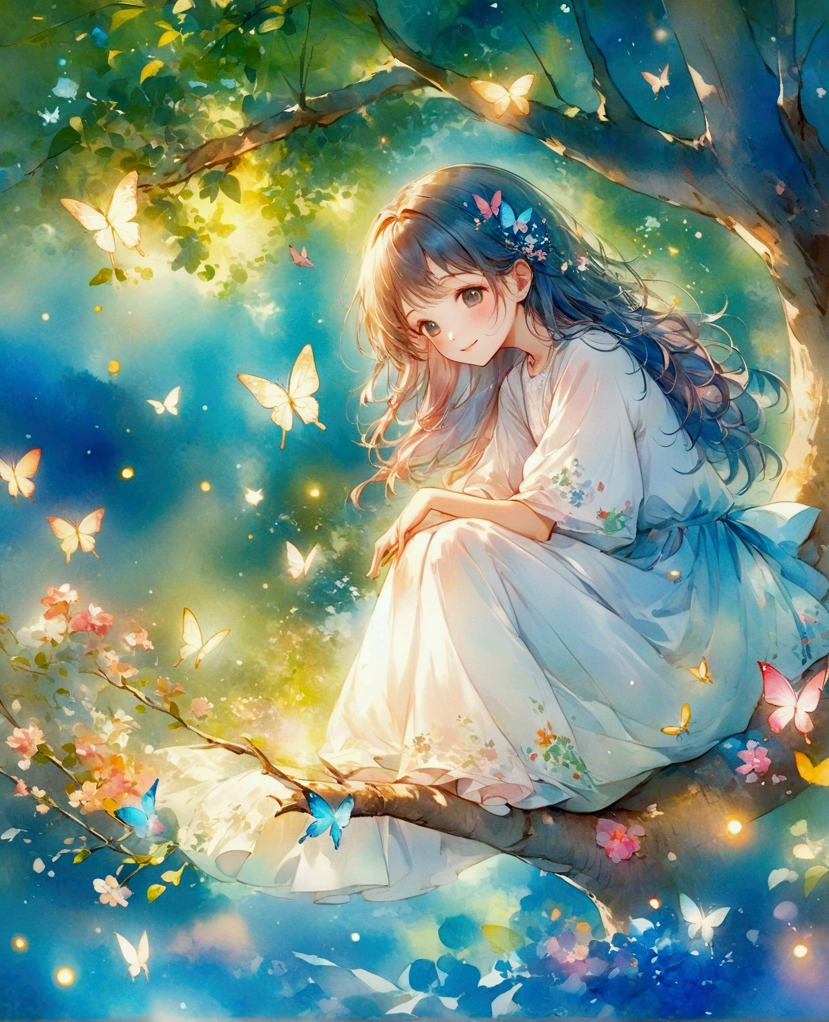 Smiling cartoon character sitting on a tree branch with butterflies flying around, So magical and dreamy, Beautiful fantasy anime, By Yuumei, Beautiful Anime art, Beautiful Anime, Beautiful fairyたち, Beautiful Anime artwork, Beautiful fairy, Beautiful artwork illustration, Beautiful peaceful scene in anime, Dreamy Art, Anime fantasy illustration, Beautiful Anime art style, Beautiful illustrations, Beautiful gorgeous digital art, Beautiful fantasy