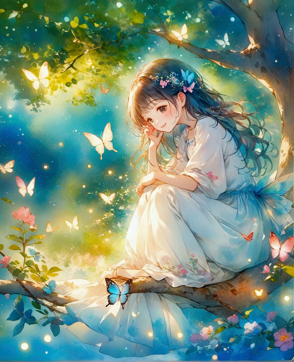 Smiling cartoon character sitting on a tree branch with butterflies flying around, So magical and dreamy, Beautiful fantasy anime, By Yuumei, Beautiful Anime art, Beautiful Anime, Beautiful fairyたち, Beautiful Anime artwork, Beautiful fairy, Beautiful artwork illustration, Beautiful peaceful scene in anime, Dreamy Art, Anime fantasy illustration, Beautiful Anime art style, Beautiful illustrations, Beautiful gorgeous digital art, Beautiful fantasy