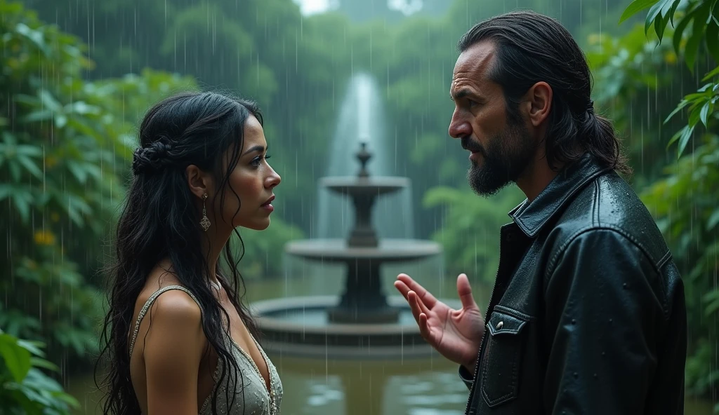 A woman and a man are fighting.,in the garden ,It&#39;s raining outside. 4k details. 
