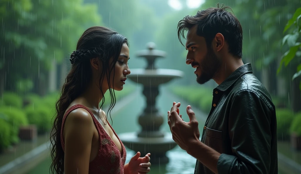 A woman and a man are fighting.,in the garden ,It&#39;s raining outside. 4k details. 