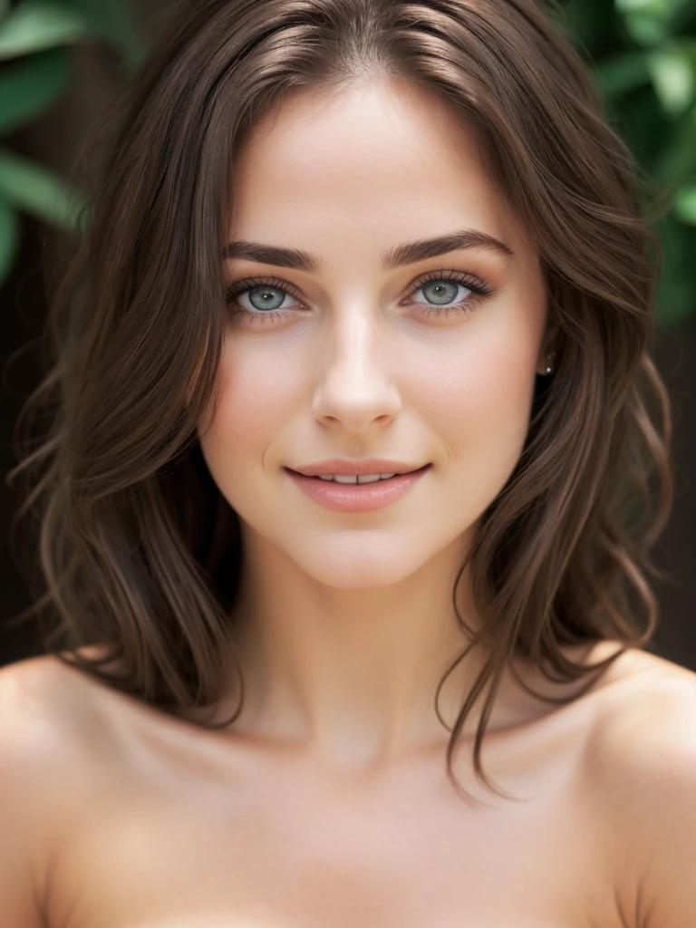 1 woman, (realist:1), Perfect eyes, Brown hair, by the wide, black eyes, happy, sexy pose, Whole body, model, Topless