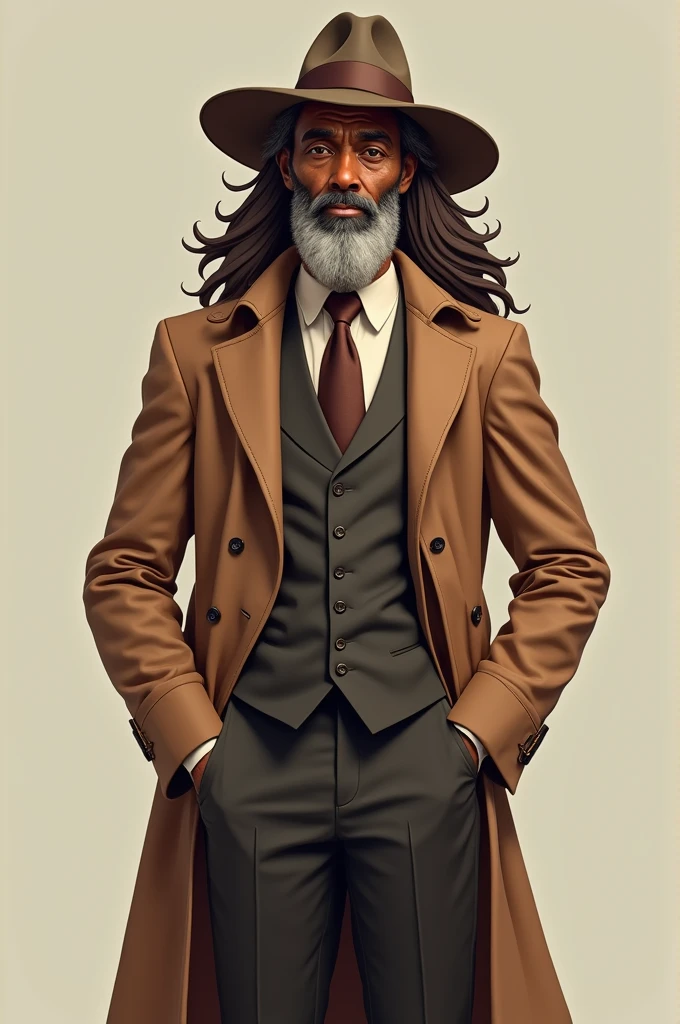 Middle-aged African man with long brown hair, with gray hair, full body, stylized body and wearing a brown formal suit with trench coat, with hat and cartoon style