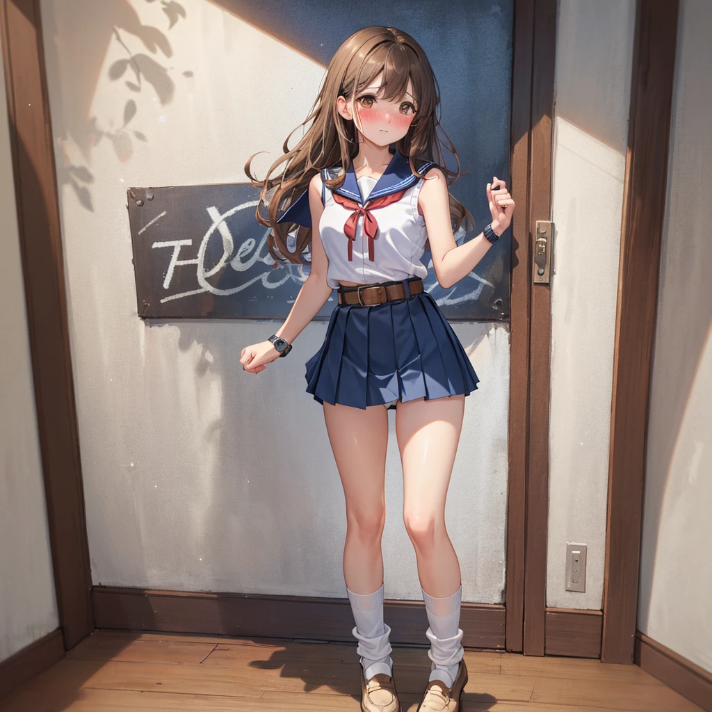 Browsing Caution, (8k、Best image quality、Highest quality、masterpiece)、Detailed face、Detailed Background, Improve,(A beautiful woman:1.5), (Light brown hair:1.3), Long Wavy Hair, Blunt Bang, (Brown eyes:1.2), big , (Sleeveless white shirt:1.5), (Sailor collar), (Red ribbon), (Navy blue pleated mini skirt:1.5), (Brown belt:1.5)(White loose socks:1.3), (Black Loafers),( watch:1.5), Platform Sandals, (blush:1.4),Standing in front of a white wall, Are crying, (White panties:1.2), from the front, whole body, 
