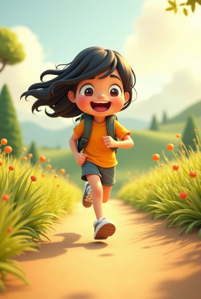 A girl with a backpack,Full body, running,happy,black hair,in a beautiful environment, in the style of light yellow and orange,clean background, rendered in cinema4d, made of rubber, qiu shengxian, colorful cartoon embossed paper, suburban ennui capturer,Popmart, octane rendering, ultra details, the best quality, HD, C4D ultra details, the best quality, HD,C4D