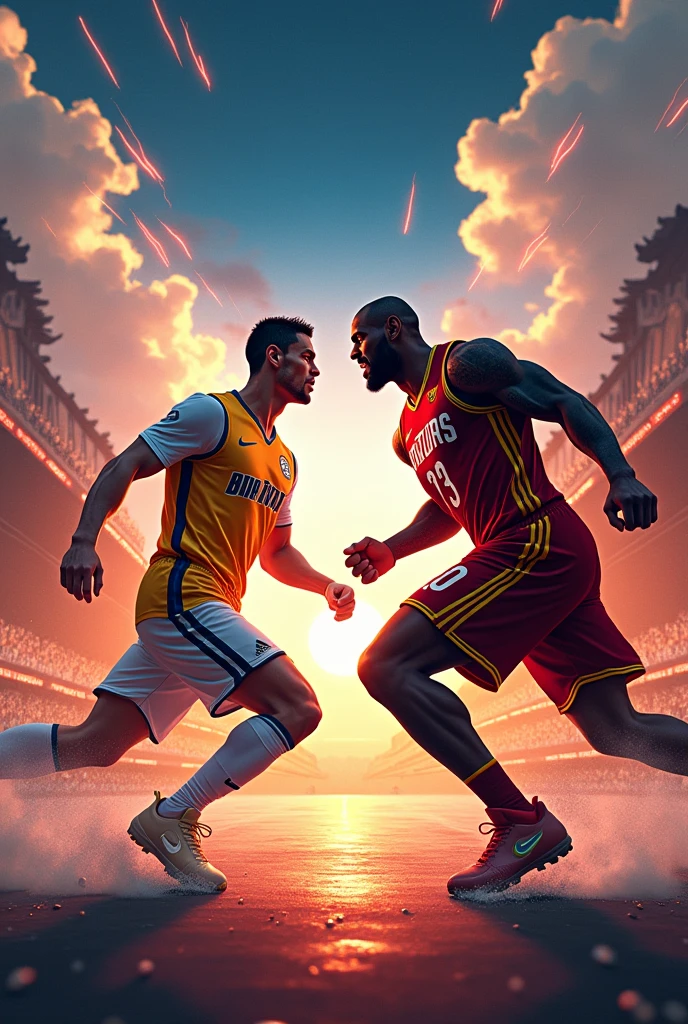 Create a photo of Cristi??? Ronaldo footballer with LeBron James basketball  anime , action and aesthetic , more cool 
