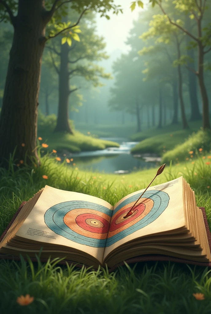 "An open book lies on a soft, green meadow. The pages reveal a hand-drawn archery target, its vibrant colors contrasting with the muted tones of the surrounding nature. A gentle breeze rustles through the nearby trees, carrying the soft sounds of a nearby stream."