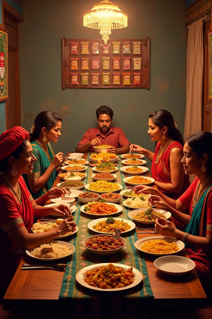 Make an dinning table full of curr? With makeit look like a indian cultural dinning place make the people waer i dian cultural dress
Have an post or wall frame with ammi masala spicess with packages
Make this look more natural and flovour full
