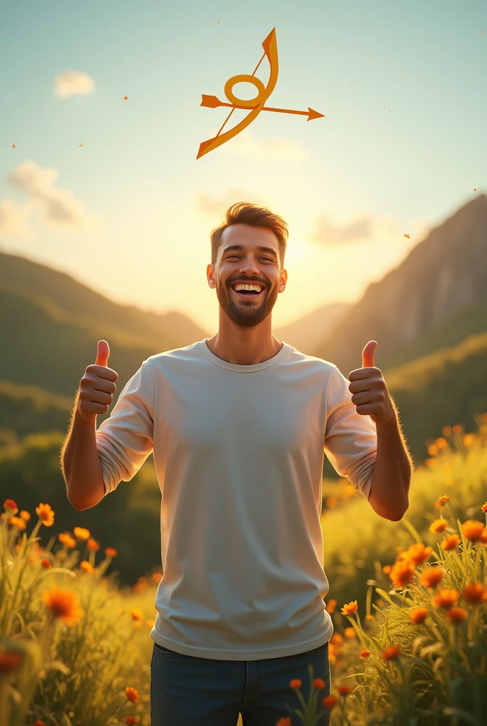 A young man with a radiant smile, with thumbs up and surrounded by a sunny and beautiful landscape, Sagittarius zodiac sign with bow and arrow element 