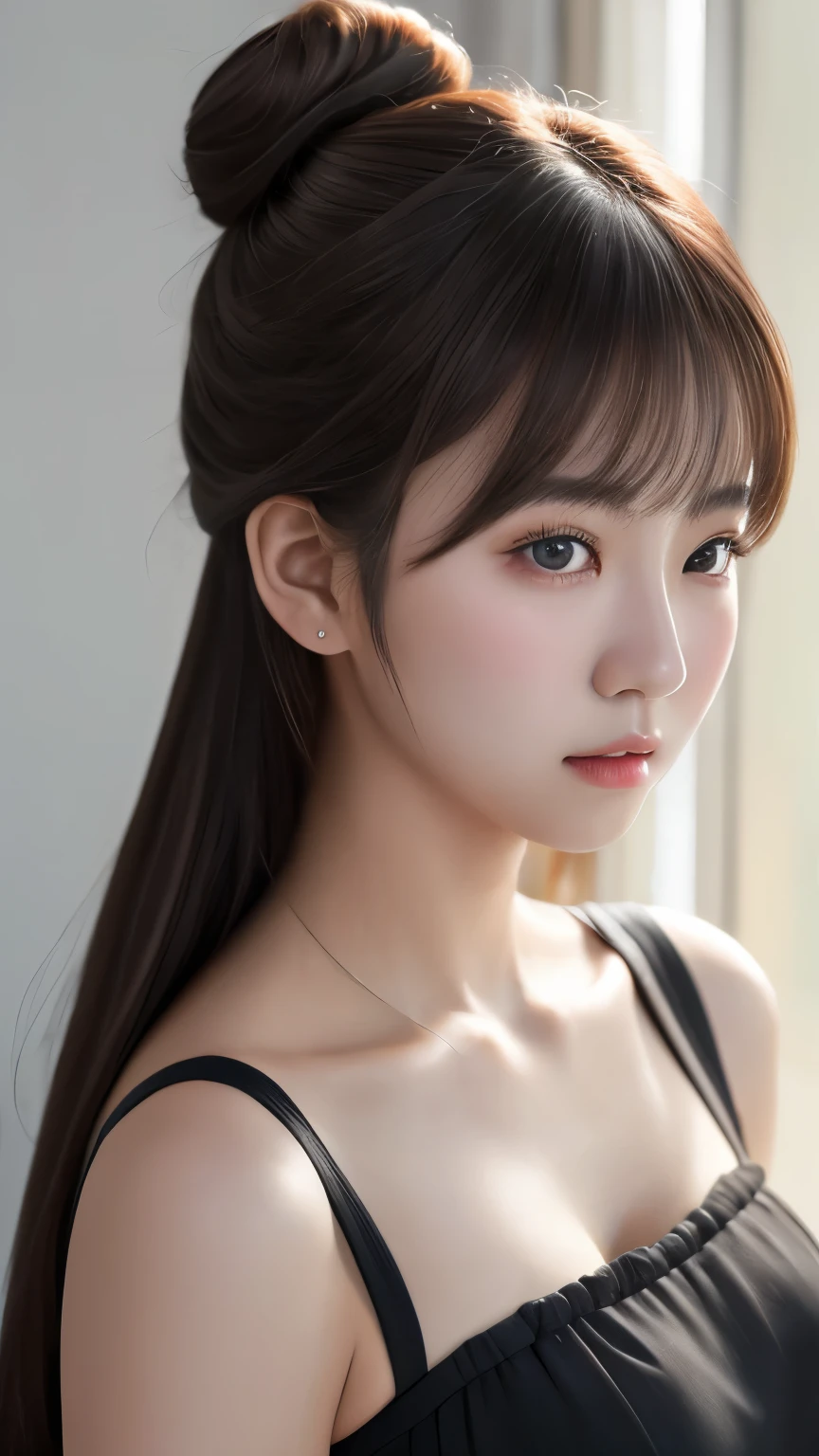 masterpiece, best quality, extremely detailed, (realistic, photo realistic:1.2), high resolution, RAW photo, 8k, Asian girl, 18yo, side bun,slender、Mid-chest、