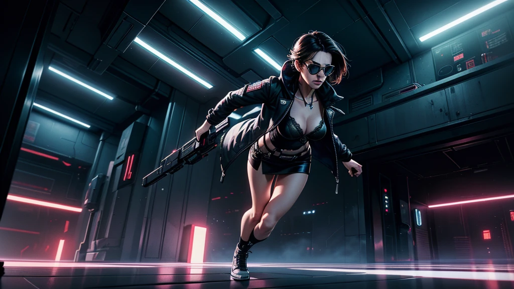 cyberpunk-style city with a nocturnal vibe with Star Wars-like aesthetic references. At night, (1girl, solo, alone), medium-breast slim:0.6 body, oval:0.5 face, cleavage:1.1, sexy black laced bra, miniskirt, white laced panty, coat, (black micro sunglasses), (holding a short gun), (slightly leaning forward running pose), (half-body thigh level medium shot), cinematic lighting, ray tracing.