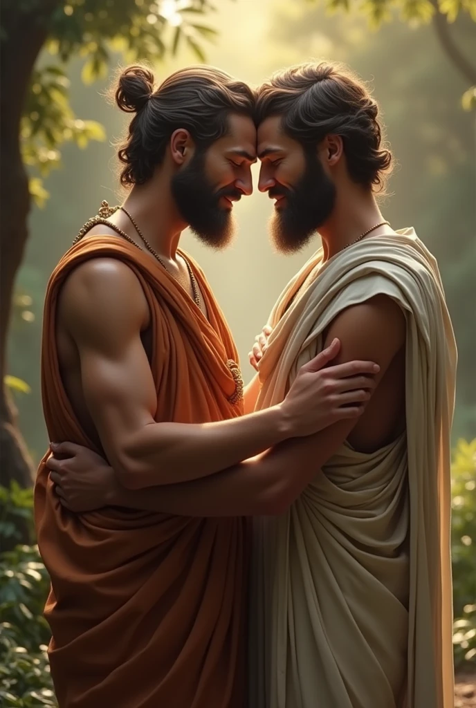 Create an image with Tales, Anaximander and Anaximenes, hugging