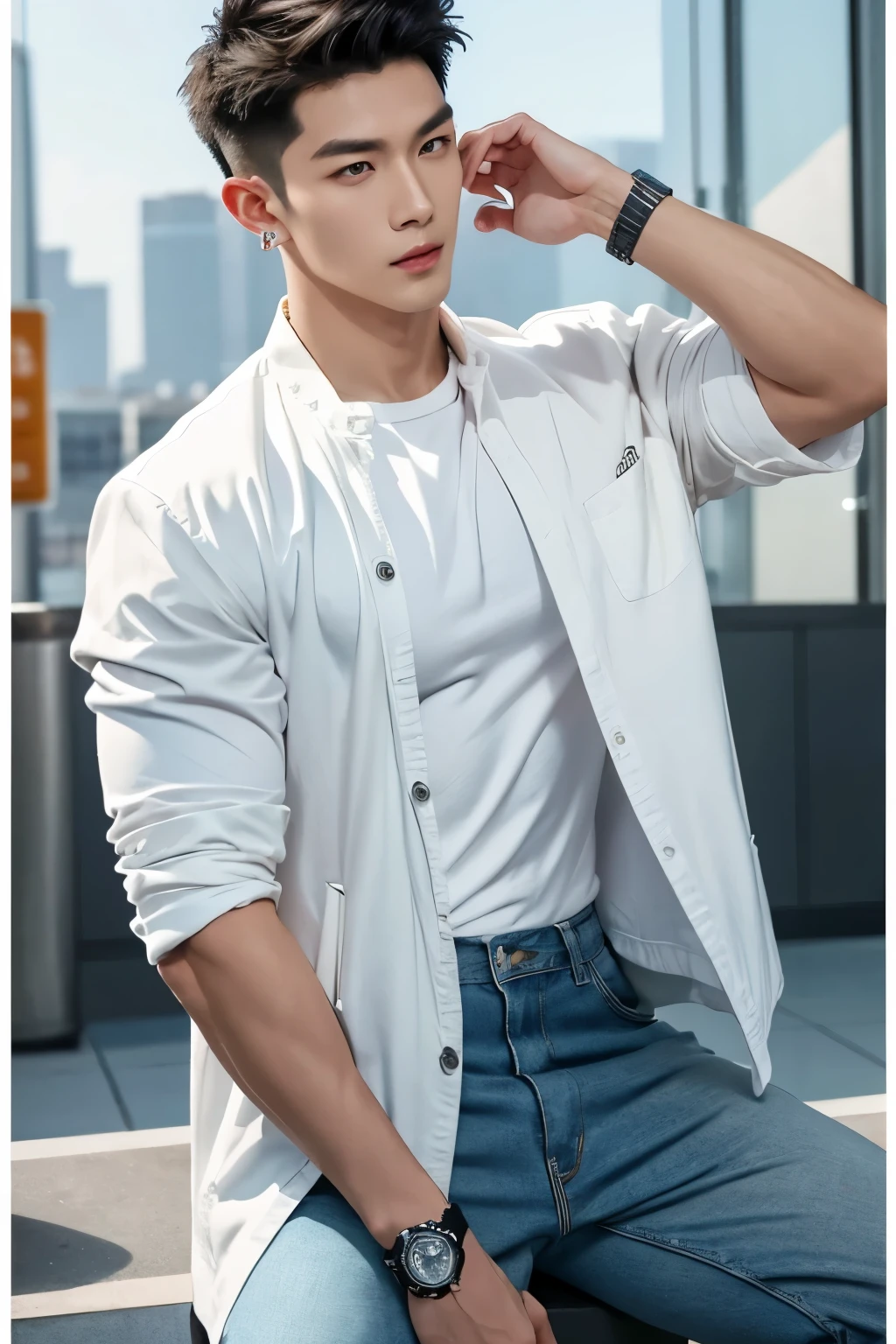 Thai-Korean male, male model, big muscles, handsome, cool, smoothly combed hair, pierced ears, dressed in a casual yet stylish outfit, wearing a prominently visible wristwatch. The outfit should be modern and elegant, with meticulous attention to detail in both the clothing and accessories. The wristwatch adds a touch of sophistication to his overall look.