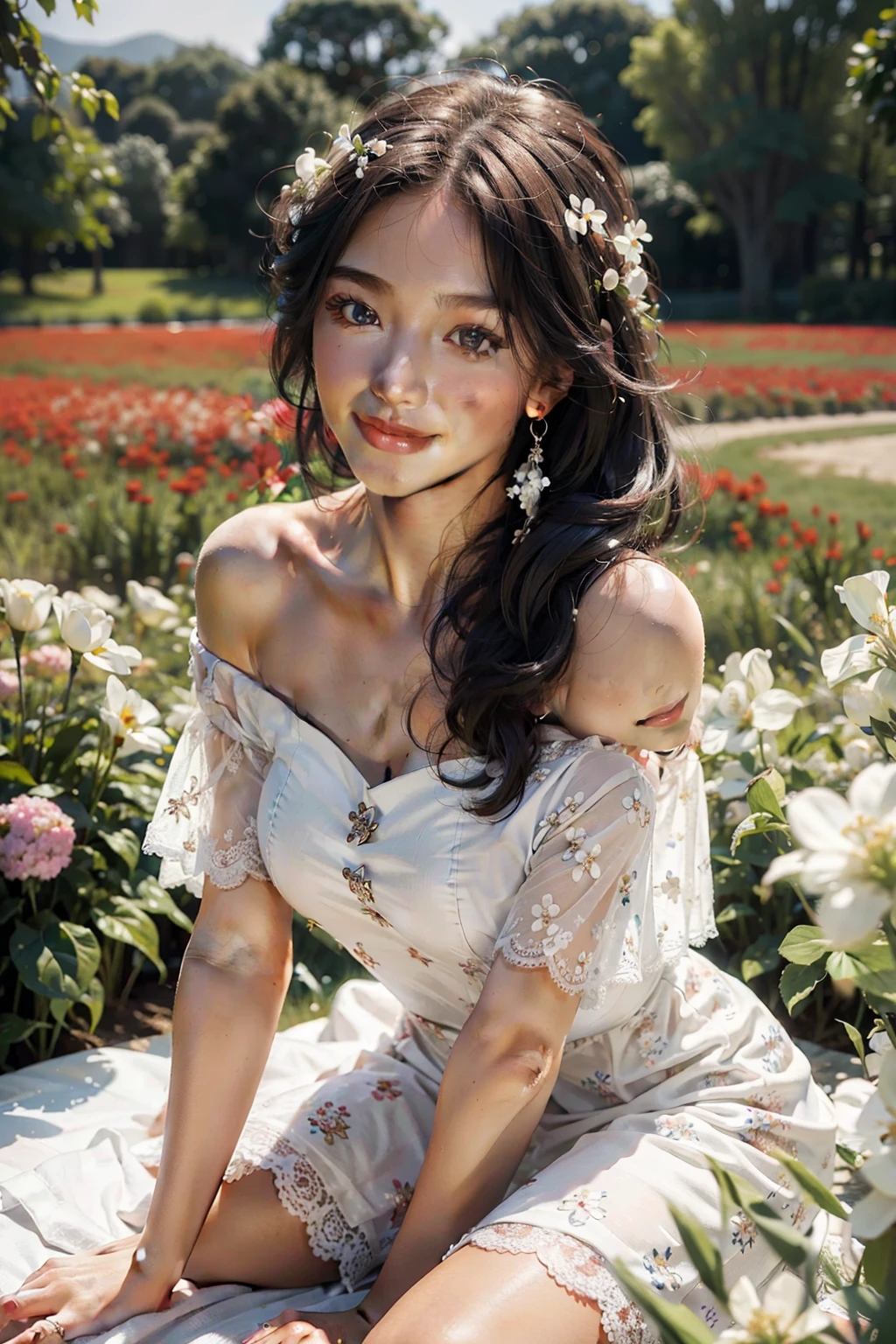 Best quality, masterpiece, ultra high res, (photorealistic:1.4), raw photo, 1girl, white dress, off shoulder, blossom flower field, glowing skin, light smile