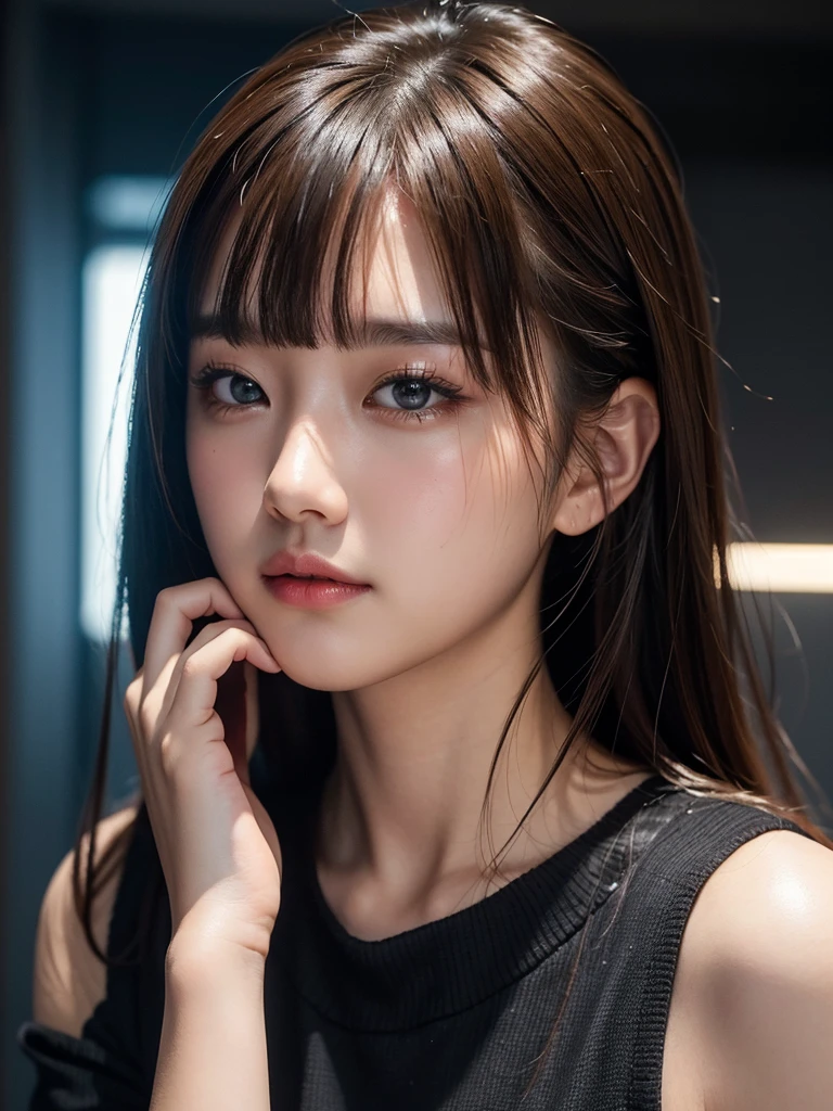 masterpiece, 美しい少女1 person, detailed, Swollen eyes, Highest quality, 超High resolution, (reality: 1.4), Original photo, 1 person, Cinema Lighting, (Laughter:0.6), Japanese, Asian Beauty, Korean, Proper, really beautiful, A little young face, Beautiful Skin,Orange Hair、 Thin and large, Black sweater、Cyberpunk Background, (超reality的な), (Awareness-raising), (High resolution), (8k), (非常にdetailedな), (The best Awareness-raisingns), (美しくdetailedな目), (超detailedな), (wallpaper), (detailedな顔), Looking at the audience, detailed, detailed face、Deep Shadow、Inconspicuous、Pure erotic face ace_v1、46 point diagonal bangs、Look straight ahead、Dress neatly、Iris、
