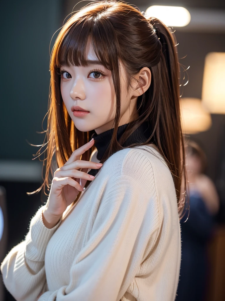masterpiece, 美しい少女1 person, detailed, Swollen eyes, Highest quality, 超High resolution, (reality: 1.4), Original photo, 1 person, Cinema Lighting, (Laughter:0.6), Japanese, Asian Beauty, Korean, Proper, really beautiful, A little young face, Beautiful Skin,Orange Hair、 Thin and large, Black sweater、Cyberpunk Background, (超reality的な), (Awareness-raising), (High resolution), (8k), (非常にdetailedな), (The best Awareness-raisingns), (美しくdetailedな目), (超detailedな), (wallpaper), (detailedな顔), Looking at the audience, detailed, detailed face、Deep Shadow、Inconspicuous、Pure erotic face ace_v1、46 point diagonal bangs、Look straight ahead、Dress neatly、Iris、