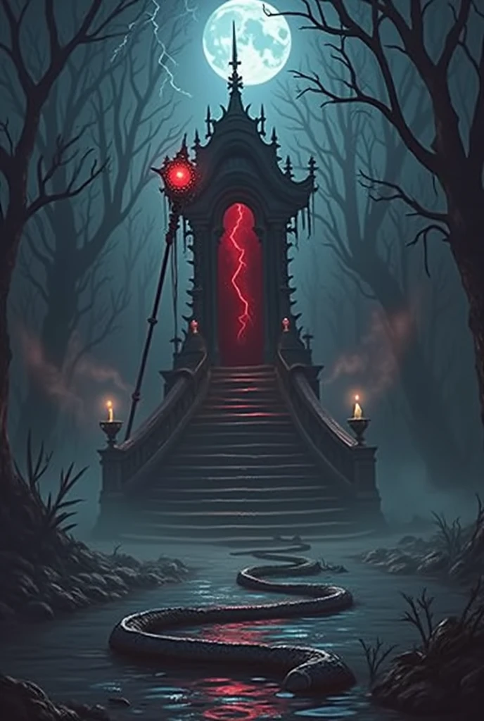 Black Alter Swamp ,magic staff , lightning, red blood moon ,snake shadows