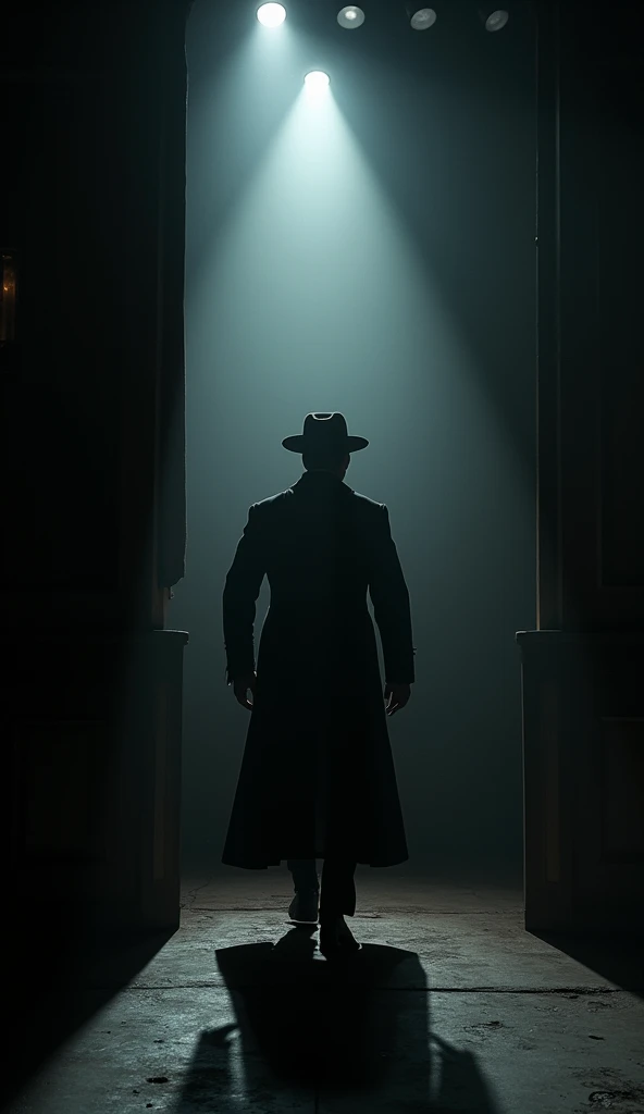 A shadowy figure of John Wilkes Booth, dressed in 1865 attire, moving stealthily from backstage towards the president’s box. The scene is dark, with only the faint glow of the theater lights illuminating his path.