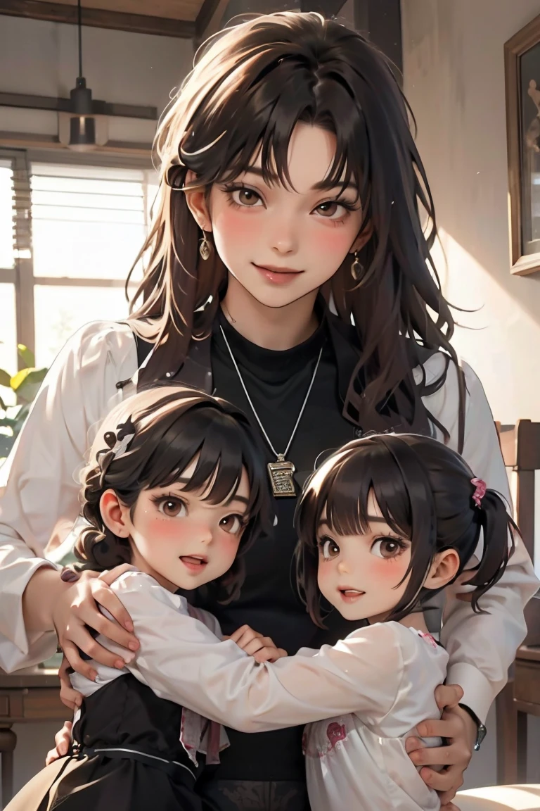 A man ((black hair, big smile, brown eyes)) holding his 2 girls, ((family photo)) 