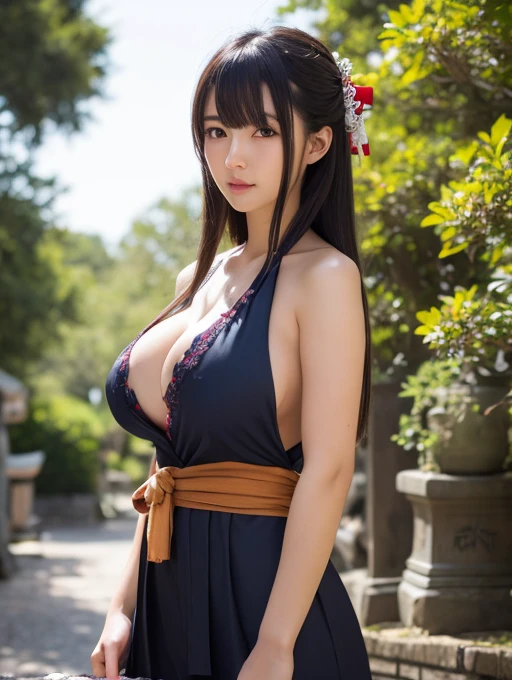 Highest quality, masterpiece, Highly detailed CG, Highly detailed 8K wallpapers, Are standing, High resolution ,One person, alone, Outdoor, Japanese Shrines, Shrine maiden, Shrine maidenカウボーイショット, alone, View your viewers, Shrine maiden outfit, Long Hair, Black Hair, Straight hair, Bangs covering the eyes, a little blush, Intricate details, Super detailed, Beautiful fingers, Beautiful Nose, Beautiful character design, Perfect Face, In-person audience, Huge breasts, Narrow waist, Huge breasts, Stretch your arms out to the side, In the same way,  maebari, Fair skin, Hair above the eyes, Brown eyes