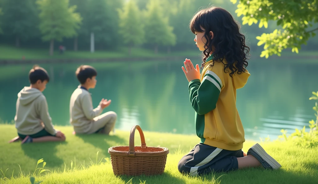 A schoolgirl in prayer, wears white school coat pants, and yellow tracksuit jacket and green sleeves, she has black curly hair , is kneeling on the lawn next to the picnic basket, ((hyper realism)), in the background a lake and the boys out of focus
