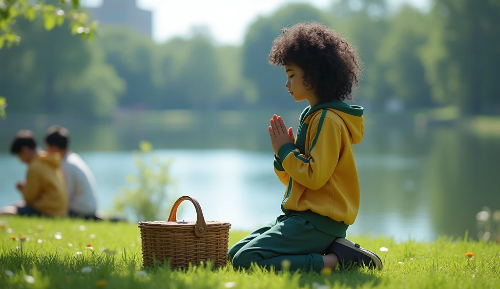 A schoolgirl in prayer, wears white school coat pants, and yellow tracksuit jacket and green sleeves, she has black curly hair , is kneeling on the lawn next to the picnic basket, ((hyper realism)), in the background a lake and the boys out of focus