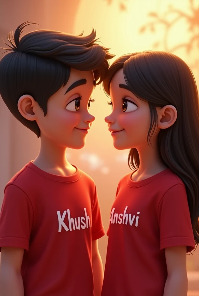 one boy wearing red t-shirts and inside writen khush purposing one girl wearing red t-shirts writen anshvi