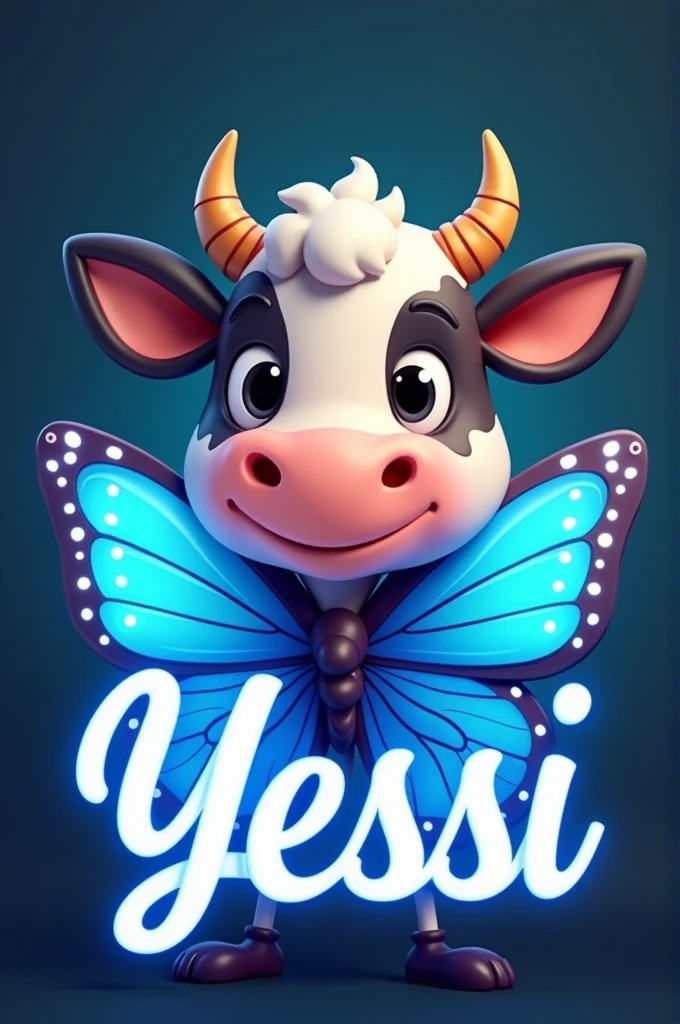 Cute cartoon cow with the name Yessi in cursive and fluorescent blue butterfly letters