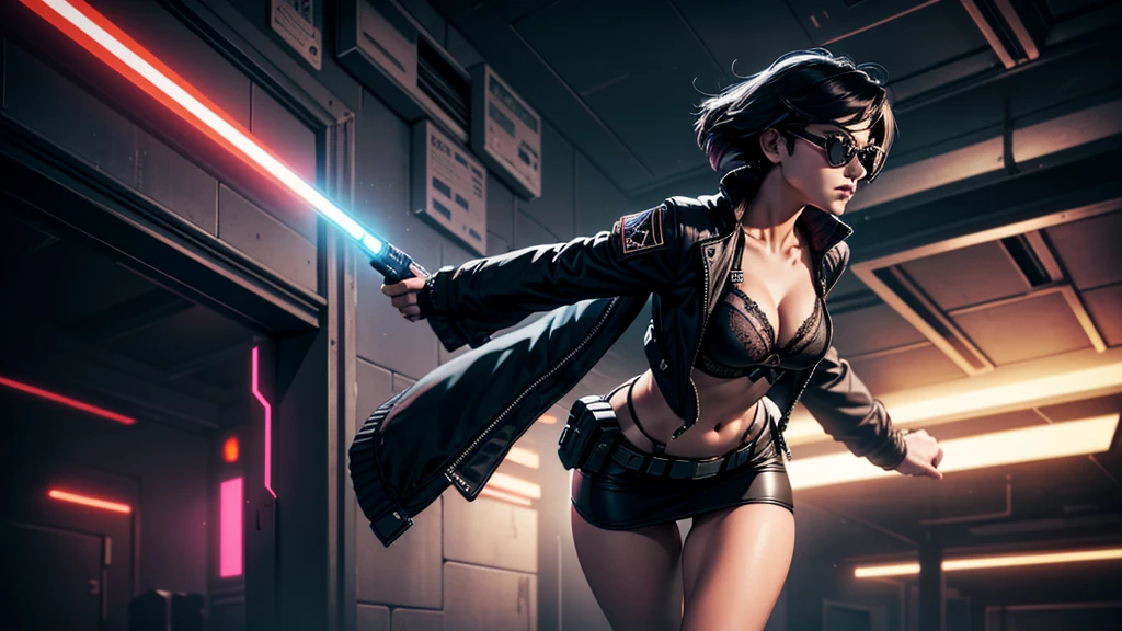 cyberpunk-style city with a nocturnal vibe with Star Wars-like aesthetic references. At night, (1girl, solo, alone), medium-breast slim:0.6 body, oval:0.5 face, cleavage:1.1, sexy black laced bra, miniskirt, white laced panty, coat, (black micro sunglasses), (holding a short gun), (slightly leaning forward running pose), (half-body thigh level medium shot), cinematic lighting, ray tracing.