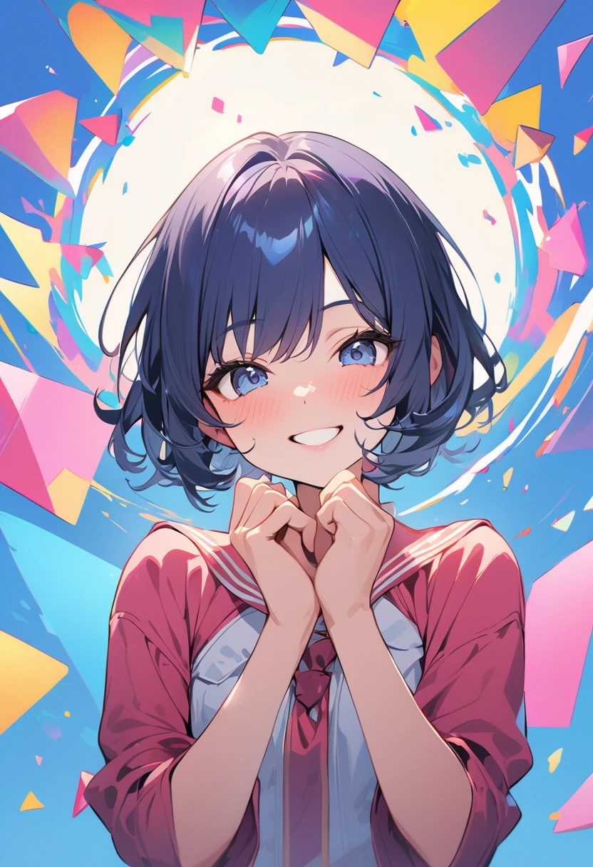 (masterpiece, best quality),(one girl),Cute face,(hands in a prayer pose),Simple Background,smile,Symmetrical Illustration,PopArt, BREAK (sixteen yo,detailed face,(darkblue hair, wavy-short hair),eyebrows),