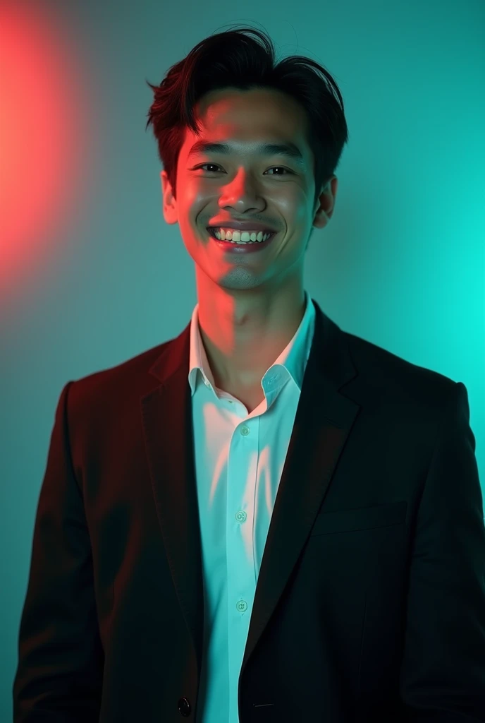 A young man with dark hair and a confident smile. He is dressed in a black blazer over a white shirt. The man is positioned against aqua colour backdrop with a subtle red lighting on the left side. and he posing for Linkedin profile