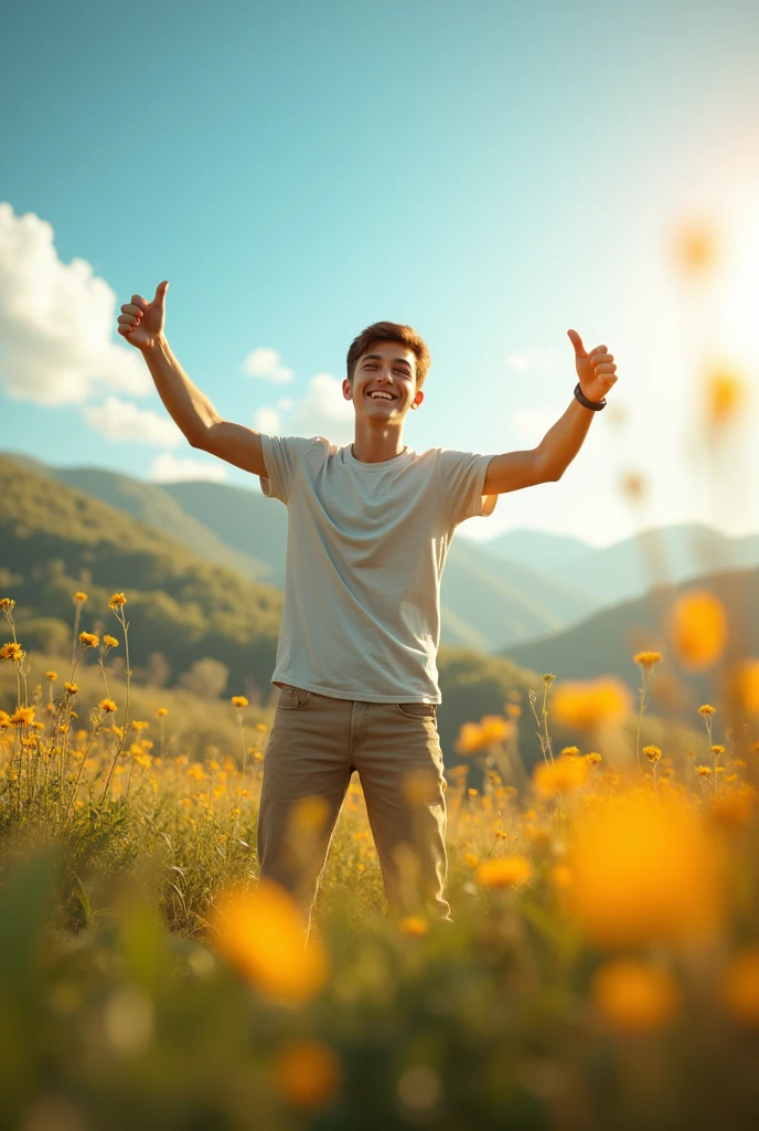 A young man with a radiant smile, with thumbs up and surrounded by a sunny and beautiful landscape, Sagittarius zodiac sign with bow and arrow element