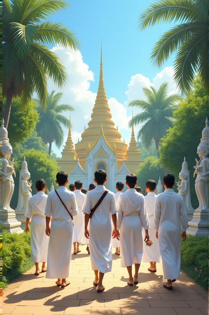 A khmer group of 10 teens, wear white walk to the Khmer pagoda
