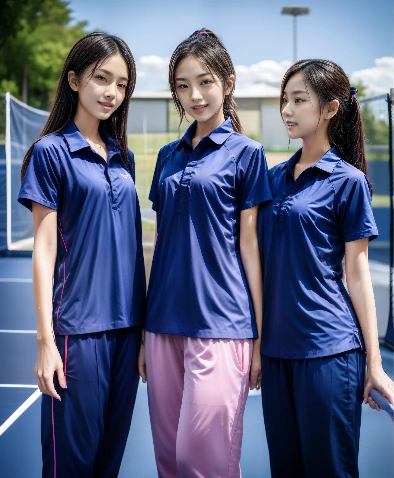 3 girls play tennis at tennis courts, Navy blue short-sleeved shirt,Navy Long Trackpant,Sweatpants, Sweatpantsขายาว,2 girl, lesbian, sexy, exercise clothes, wet body, exercise clothes