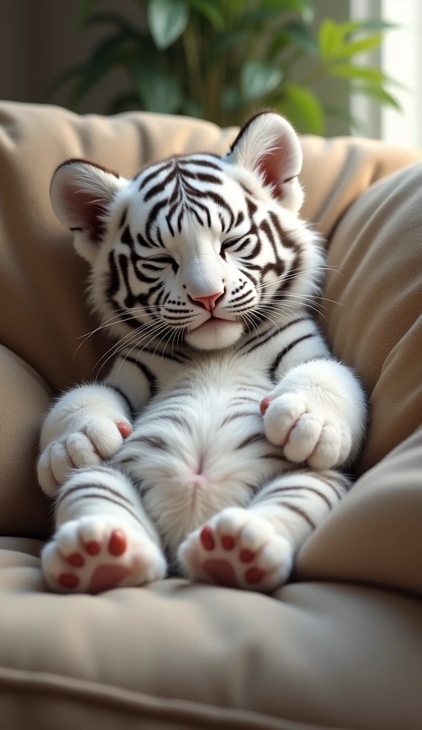 A cute white tiger cub,Real animals, With eyes closed, Cute and cuddly,Fluffy, Delicate and exquisite, Real little tiger,Leaning upright on the sofa,Furry and cute big belly,The pattern on the belly is the same as the body,My belly is very big.,The pattern on the belly is the same as the body,Strike a sexy pose,